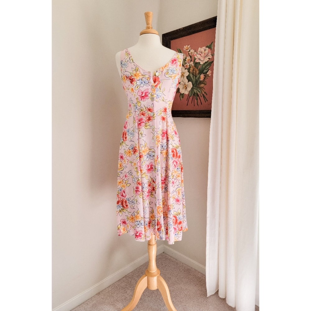 90s Pink Floral Button Front 1990s Vintage Fit & Flare Flowy Midi Length Dress - Picture 12 of 15